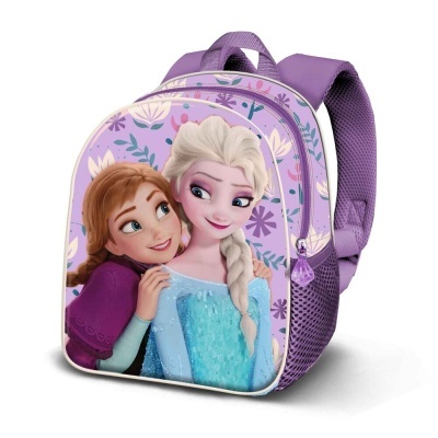 Mochila infantil lilás com personagens Anna e Elsa da Frozen, alças acolchoadas e bolso lateral em rede.