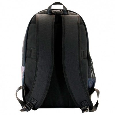 Mochila preta vista de trás com alças acolchoadas e bolso lateral em rede