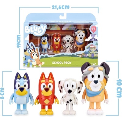 Conjunto figuras Bluey School Pack com 4 personagens coloridos em plástico