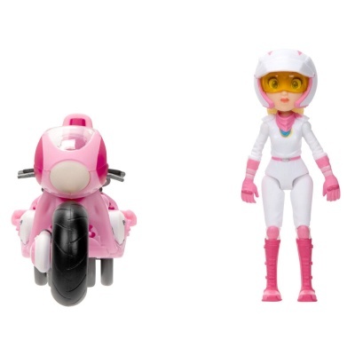 Figura de mulher em fato de piloto branco e rosa com mota cor-de-rosa de brinquedo