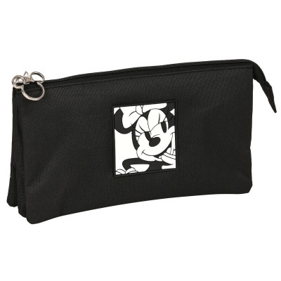 Estojo preto com imagem a preto e branco da personagem Minnie Mouse na frente