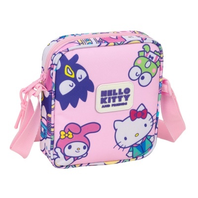 Mala pequena cor-de-rosa Hello Kitty com personagens e alça rosa