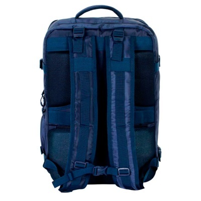 Mochila azul escura com alças acolchoadas e alça superior