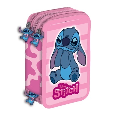 Estojo escolar rosa com imagem do Stitch e fechos decorados com figuras do Stitch