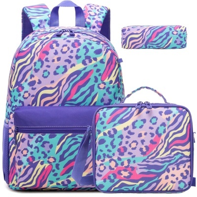 Mochila, estojo e bolsa térmica com padrão colorido de manchas e listras