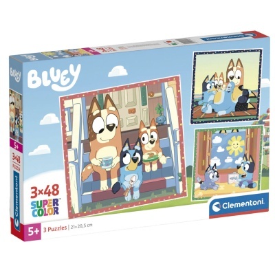 Caixa de puzzles Bluey com personagens caninos em várias cenas coloridas