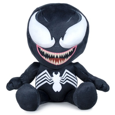 Pelúcia do personagem Venom com olhos grandes e símbolo de aranha