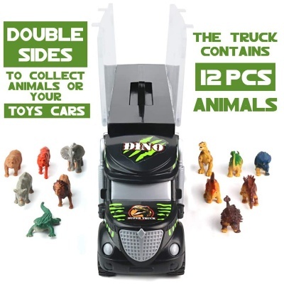 Camião de brinquedo preto com 12 figuras de animais coloridas ao lado e texto em inglês