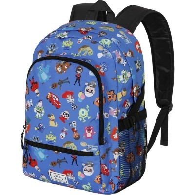Mochila azul com padrão colorido de desenhos animados e alças pretas