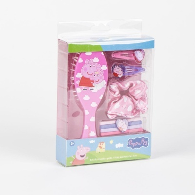 Conjunto de acessórios de cabelo rosa e azul com personagens Peppa Pig em embalagem transparente