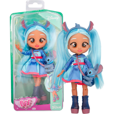 Boneca Disney BFF com vestido azul e boneco Stitch em embalagem