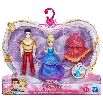 Conjunto de brinquedos Disney Princess com príncipe e princesa e vestido extra em embalagem