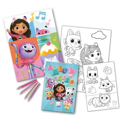 Conjunto de desenho para colorir com personagens de desenhos animados e lápis de cor.