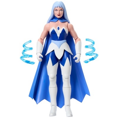 Boneca de ação de super-heroína com capa azul e efeitos de energia azuis nas mãos