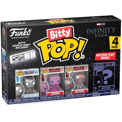 Conjunto Funko Bitty Pop! da Marvel com quatro figuras numa caixa preta.