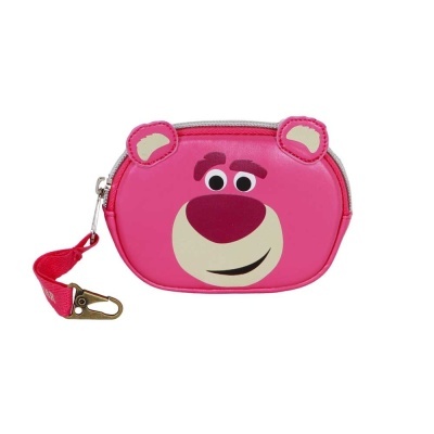 Bolsa pequena rosa com rosto de urso e gancho metálico vermelho