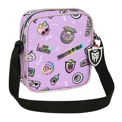 Bolsa lilás com padrões e texto Monster High