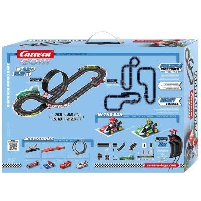 Conjunto de pista de corrida Carrera GO!!! Nintendo Mario Kart com karts coloridas e acessórios em embalagem azul.