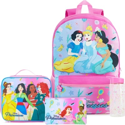 Conjunto Disney Princesas com mochila, estojo, lancheira e garrafa com várias princesas e cores rosa e azul