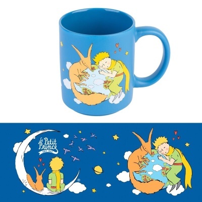 Caneca azul com ilustração do Pequeno Príncipe e texto Le Petit Prince