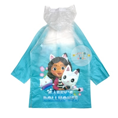 Capa de chuva infantil azul com desenho de personagem e gatos