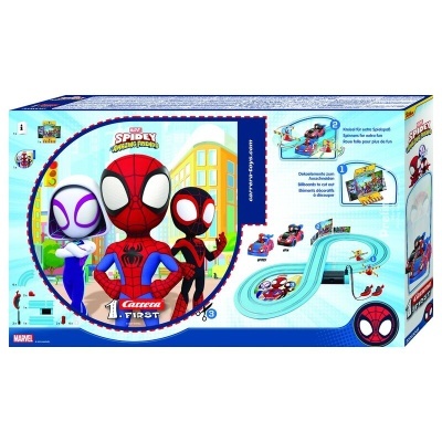 Caixa de brinquedo Carrera First Spider-Man com três personagens e pista de corrida azul e branca