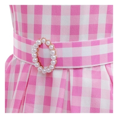 Vestido rosa e branco xadrez com cinto e fivela com pérolas