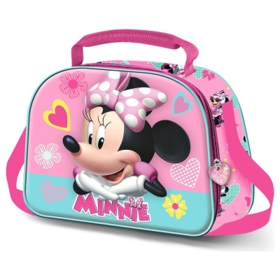 Mala infantil rosa e azul com imagem da Minnie e detalhes decorativos