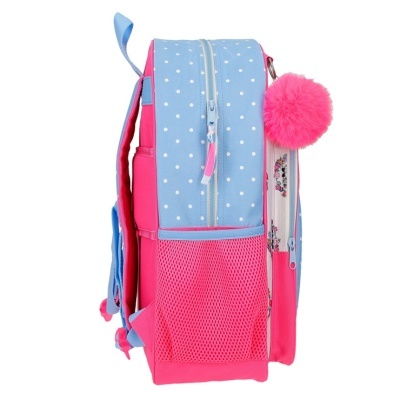 Mochila cor-de-rosa e azul claro com bolinhas brancas e pompom rosa