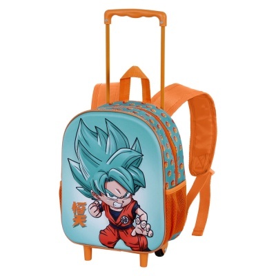 Mochila infantil azul claro com carrinho laranja e personagem de desenho animado