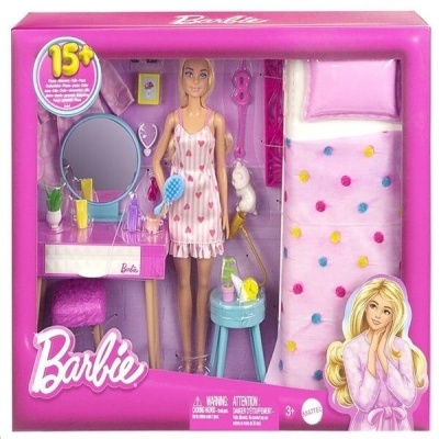 Conjunto Barbie com boneca, penteadeira, cama e banco em embalagem rosa