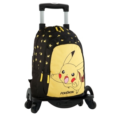 Mochila com rodas e imagem do Pikachu na parte frontal amarela