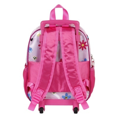 Mochila infantil rosa com padrão de flores e rodas, vista traseira