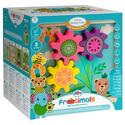 Brinquedo cubo sensorial Frootimals com engrenagens coloridas e embalagem azul