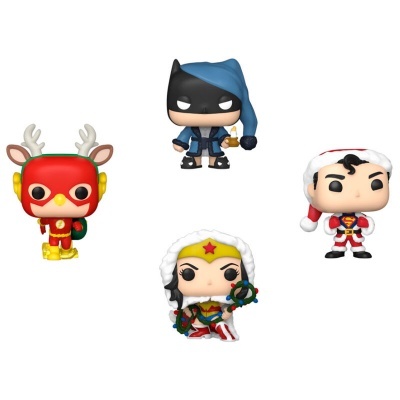Quatro figuras Funko Pop de super-heróis em roupas de Natal sobre fundo branco