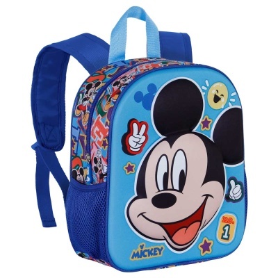Mochila infantil azul com rosto do Mickey e detalhes coloridos