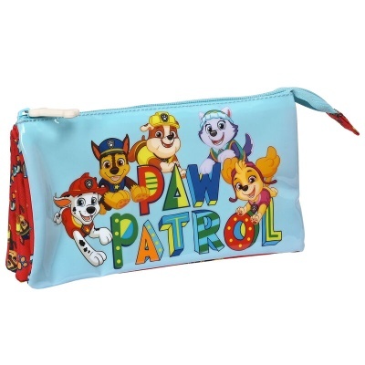 Estojo azul Paw Patrol com personagens e texto colorido