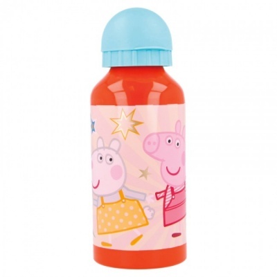 Garrafa infantil vermelha com tampa azul e desenhos coloridos