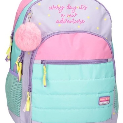 Mochila colorida com texto bordado e pompom cor-de-rosa