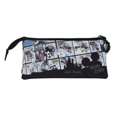 Estojo escolar retangular de tecido com estampado de banda desenhada do Mickey Mouse e fecho de correr preto.