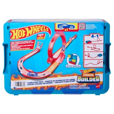 Conjunto Hot Wheels Flame Stunt Pack com pista de loop vermelho e amarelo e embalagem azul