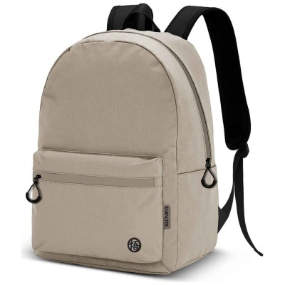 Mochila bege clara com alças pretas e bolso frontal com zíper