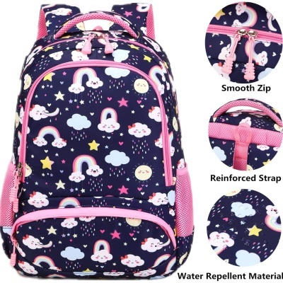 Mochila escolar azul escuro com padrão colorido e alças rosa