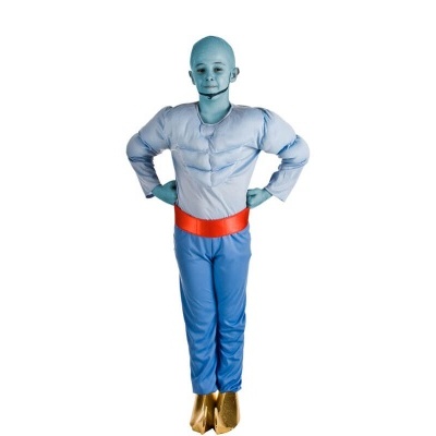 Fantasia infantil personagem Genie azul com camisa, calças, cinto e sapatos dourados