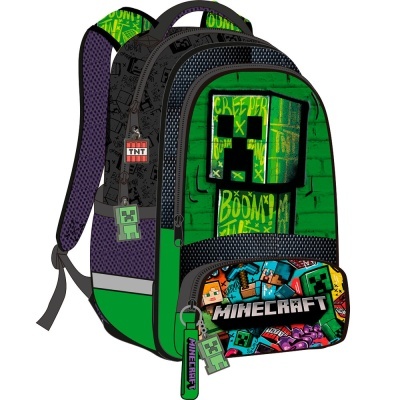 Mochila infantil verde e preta com tema Minecraft e vários bolsos