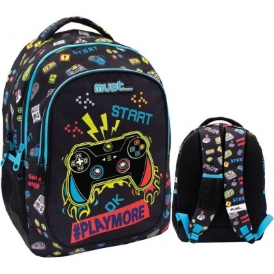 Mochila escolar preta com padrão de videojogos e texto START