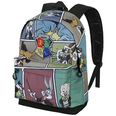 Mochila colorida com personagens de desenhos animados em padrão de quadrinhos e brasão de Hogwarts
