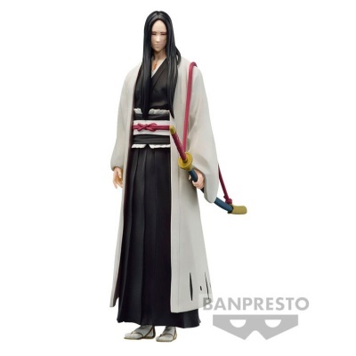 Figura colecionável de personagem em quimono preto e casaco branco com espada