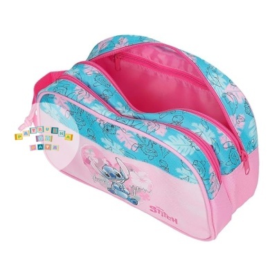 Mala infantil rosa e azul com personagens Stitch e fechos de correr