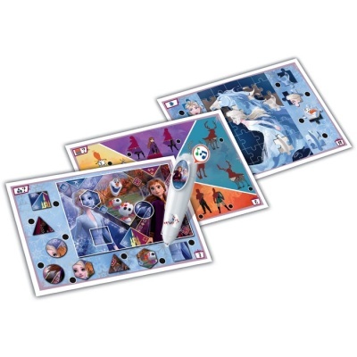 Três tabuleiros de jogo Frozen com personagens e dispositivo eletrônico branco.